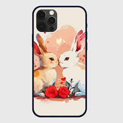 Чехол для iPhone 12 Pro Влюбленные кролики с цветочками, цвет: 3D-черный