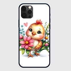 Чехол для iPhone 12 Pro Мультяшный цыпленок с цветами, цвет: 3D-черный