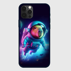 Чехол для iPhone 12 Pro Полёт капибары в космосе - неон, цвет: 3D-черный