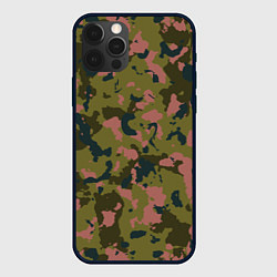 Чехол для iPhone 12 Pro Камуфляжный паттерн зеленый с розовыми пятнами, цвет: 3D-черный