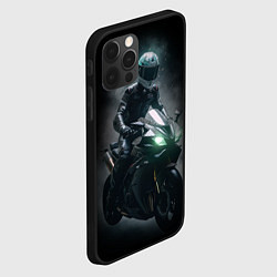 Чехол для iPhone 12 Pro Мотоциклист на спортивном байке черный фон, цвет: 3D-черный — фото 2