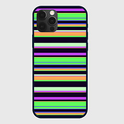 Чехол для iPhone 12 Pro Зелёно-фиолетовый полосатый, цвет: 3D-черный