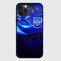 Чехол для iPhone 12 Pro Герб России на синей абстракции, цвет: 3D-черный