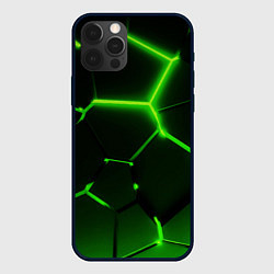 Чехол для iPhone 12 Pro Темные зеленые неоновые плиты в разломе, цвет: 3D-черный
