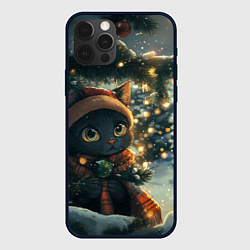 Чехол для iPhone 12 Pro Новогодний черный котик, цвет: 3D-черный