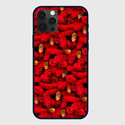 Чехол для iPhone 12 Pro Красная елка с золотыми шишками, цвет: 3D-черный