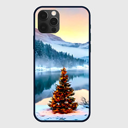 Чехол для iPhone 12 Pro Новогодняя елочка на берегу озера, цвет: 3D-черный