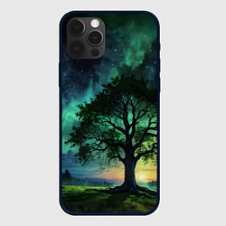 Чехол для iPhone 12 Pro Дерево под северным сиянием, цвет: 3D-черный