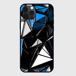 Чехол для iPhone 12 Pro Сине-белые рельефные треугольники на чёрном фоне, цвет: 3D-черный