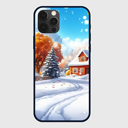 Чехол для iPhone 12 Pro Новогодний пейзаж и домики, цвет: 3D-черный