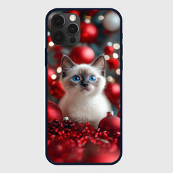 Чехол для iPhone 12 Pro Новогодняя пушистая сиамская кошка, цвет: 3D-черный