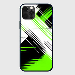 Чехол для iPhone 12 Pro Диагональные бело-зелёные линии на чёрном фоне, цвет: 3D-черный