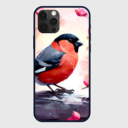 Чехол для iPhone 12 Pro Снегирь в цветах, цвет: 3D-черный