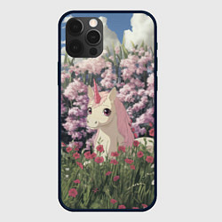 Чехол для iPhone 12 Pro Единорог на фоне сирени, цвет: 3D-черный