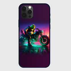Чехол для iPhone 12 Pro Шрек на мотоцикле на закате - нейроарт фантазия, цвет: 3D-черный