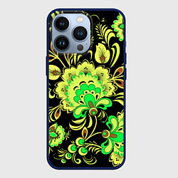 Чехол для iPhone 13 Pro Хохлома: черный и салатовый, цвет: 3D-тёмно-синий