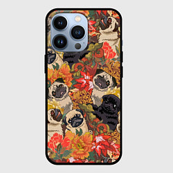 Чехол для iPhone 13 Pro Мопсики Цветочки, цвет: 3D-черный