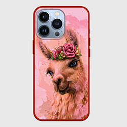 Чехол для iPhone 13 Pro Лама с цветами, цвет: 3D-красный