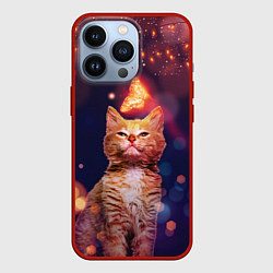 Чехол для iPhone 13 Pro РЫЖИЙ КОТ И БАБОЧКА, цвет: 3D-красный