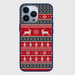 Чехол для iPhone 13 Pro НОВОГОДНИЙ УЗОР С ОЛЕНЯМИ, цвет: 3D-тёмно-синий