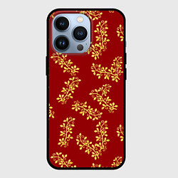 Чехол для iPhone 13 Pro Золотые веточки на ярко красном фоне, цвет: 3D-черный