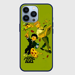 Чехол для iPhone 13 Pro Шигео, Ямочки и Рэйгэн налет на пиццу - Mob Psycho, цвет: 3D-тёмно-синий