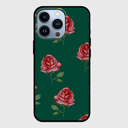 Чехол для iPhone 13 Pro Ярко красные розы на темно-зеленом фоне, цвет: 3D-черный