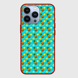 Чехол для iPhone 13 Pro Много ананасов, цвет: 3D-красный