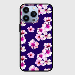 Чехол для iPhone 13 Pro Цветы Розовые Гибискус На Синем Фоне, цвет: 3D-черный