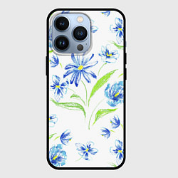 Чехол для iPhone 13 Pro Цветы Синие Нарисованные Карандашами, цвет: 3D-черный