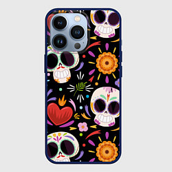 Чехол для iPhone 13 Pro Веселые черепа в цветах, цвет: 3D-тёмно-синий