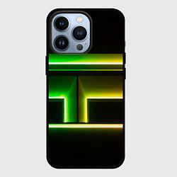 Чехол для iPhone 13 Pro Неоновые фигуры и линии - Зелёный и жёлтый, цвет: 3D-черный