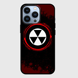 Чехол для iPhone 13 Pro Символ Fallout и краска вокруг на темном фоне, цвет: 3D-черный