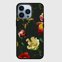 Чехол для iPhone 13 Pro Цветы Нарисованные Красные Розы и Лилии На Коричне, цвет: 3D-черный