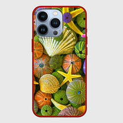 Чехол для iPhone 13 Pro Композиция из морских звёзд и ракушек, цвет: 3D-красный