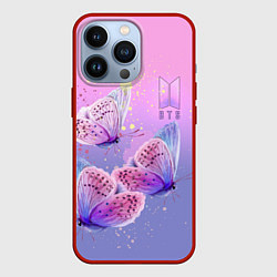 Чехол для iPhone 13 Pro BTS красивые бабочки, цвет: 3D-красный
