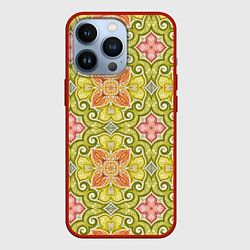 Чехол для iPhone 13 Pro Зеленые узоры и оранжевые цветы, цвет: 3D-красный