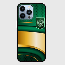 Чехол для iPhone 13 Pro Герб России на зеленой абстракции, цвет: 3D-черный