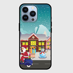 Чехол для iPhone 13 Pro В Новогоднюю ночь Дед Мороз едет на скутере с пода, цвет: 3D-черный