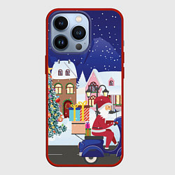 Чехол для iPhone 13 Pro Дед Мороз едет на скутере с подарками в Новогоднюю, цвет: 3D-красный