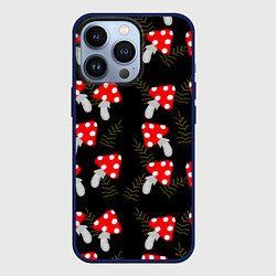 Чехол для iPhone 13 Pro Мухоморы на черном фоне, цвет: 3D-тёмно-синий