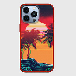 Чехол для iPhone 13 Pro Пальмы и пляж на закате с помехами VHS ретро дизай, цвет: 3D-красный