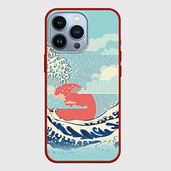 Чехол для iPhone 13 Pro Морской пейзаж с большими волнами на закате, цвет: 3D-красный