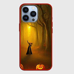 Чехол для iPhone 13 Pro Ведьма в черном платье в заколдованном лесу с тыкв, цвет: 3D-красный