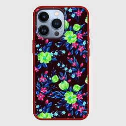 Чехол для iPhone 13 Pro Неоновые цветы - паттерн, цвет: 3D-красный