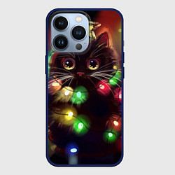 Чехол для iPhone 13 Pro Новый Год Кот, цвет: 3D-тёмно-синий