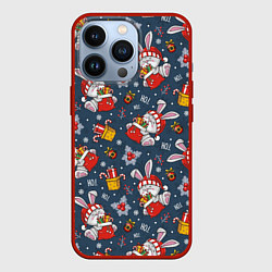 Чехол для iPhone 13 Pro Новогодний паттерн из кроликов, цвет: 3D-красный