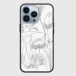 Чехол для iPhone 13 Pro Растения и насекомые тонкой линией, цвет: 3D-черный