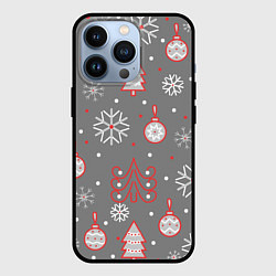 Чехол для iPhone 13 Pro Красно-серые елочки и снежинки, цвет: 3D-черный