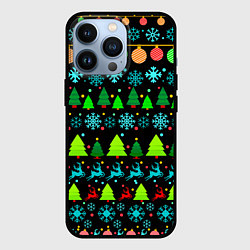 Чехол для iPhone 13 Pro Узор с ёлками и оленями, цвет: 3D-черный